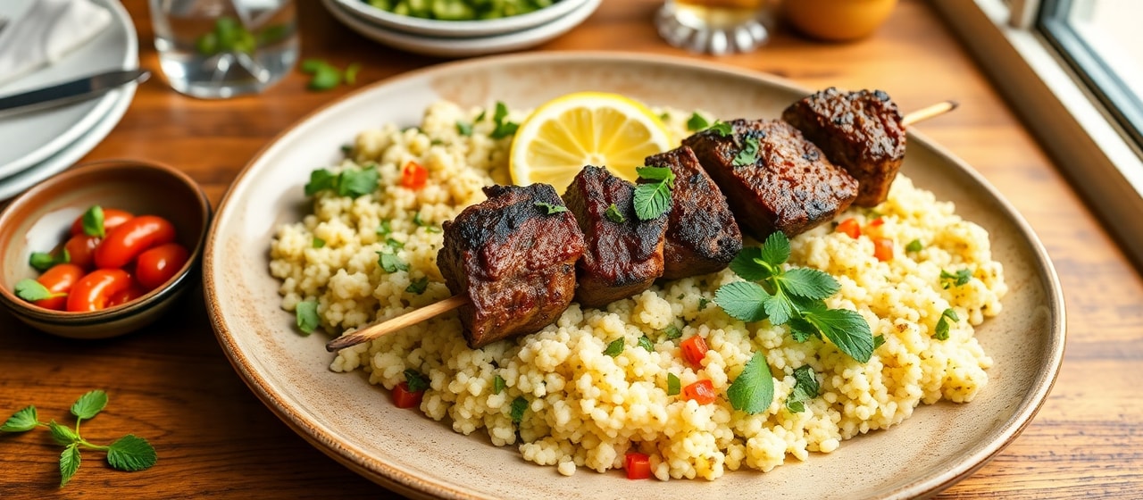 Grilled Harissa Lamb Skewers with Mint-Lemon Couscous