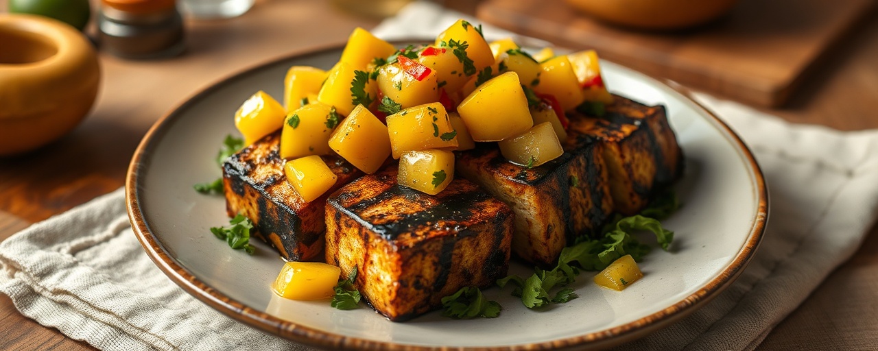 Grilled Jerk Tofu with Pineapple Mango Salsa
