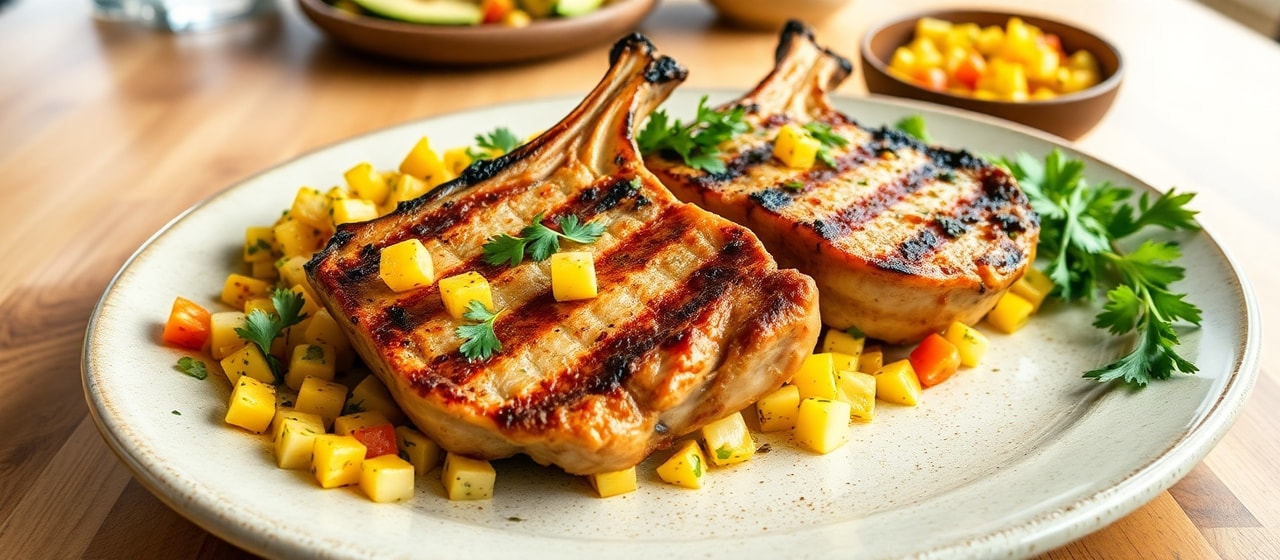 Grilled Lemongrass and Herb Marinated Pork Chops with Grilled Corn Salsa