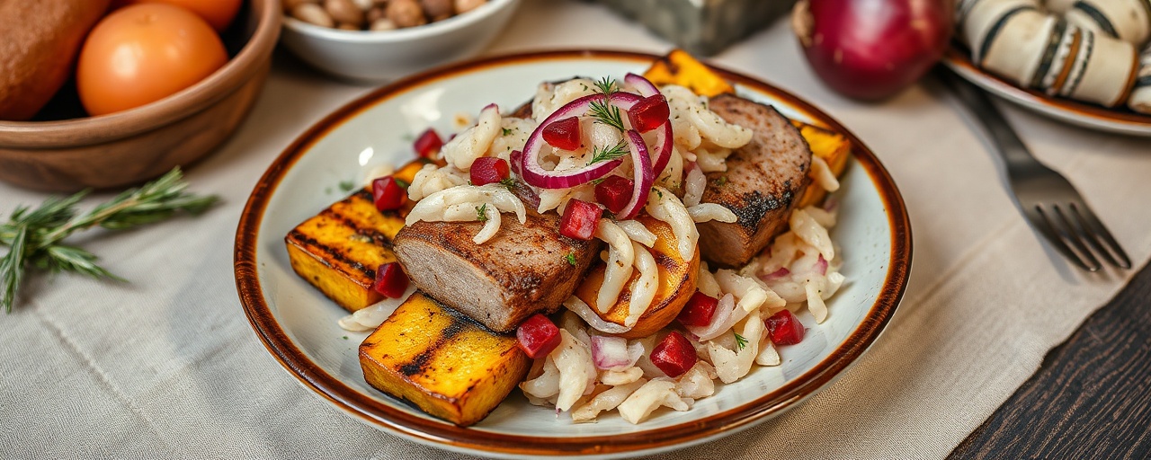 Grilled Plantain with Smoked Pork & Dill Sauerkraut Relish