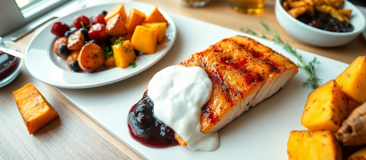 Grilled Salmon with Lingonberry-Glazed Sweet Potatoes and Dill Cream