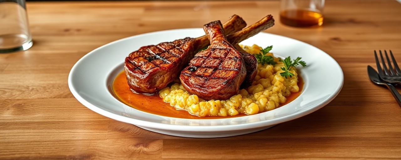Grilled Scottish Lamb Chops with Black Garlic Whisky Glaze and Neep & Tattie Mash