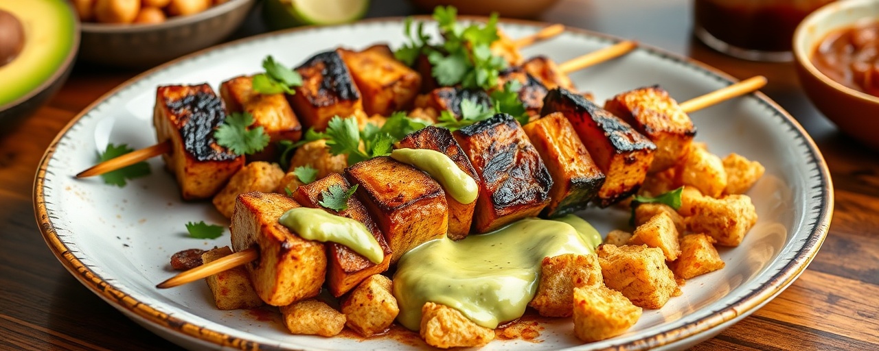 Grilled Seitan & Chicken Adobo Skewers with Avocado Crema