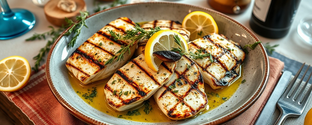 Grilled Swordfish with Black Garlic and Lemon Oregano Vinaigrette