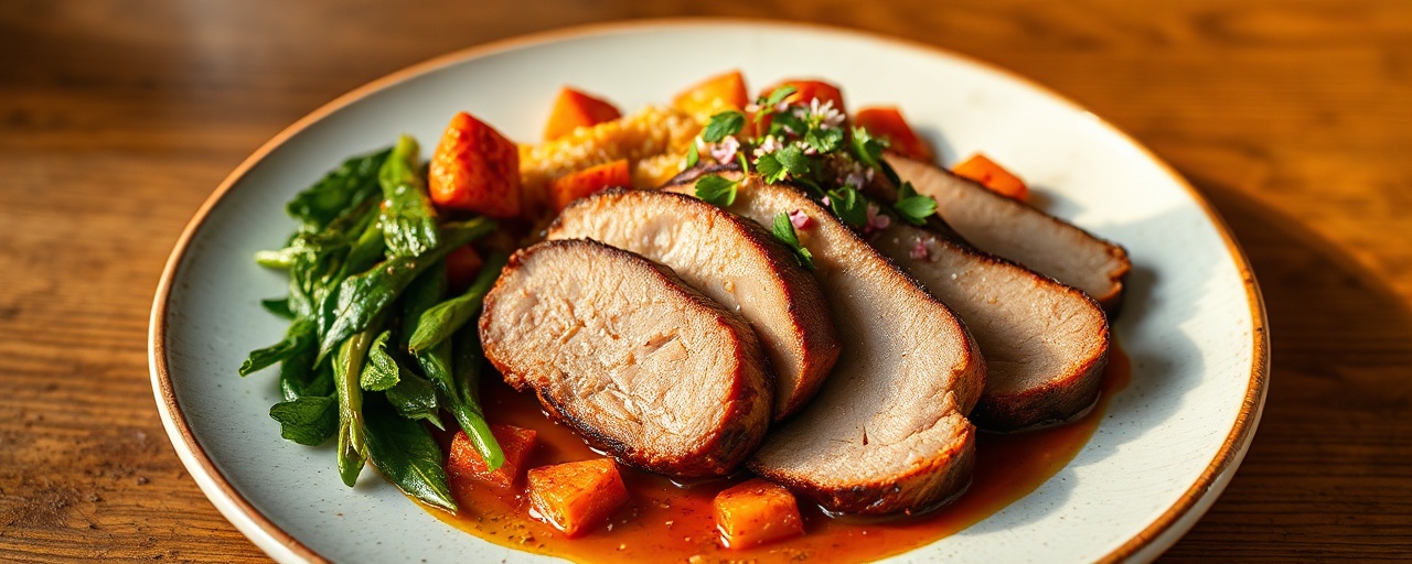 Harissa-Cured Duck Breast with Maple Sweet Potatoes and Crispy Collard Greens
