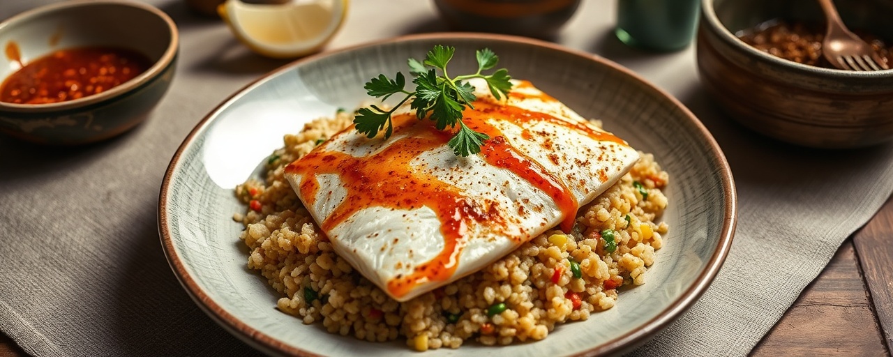 Harissa-Kissed Pan-Seared Corvina with Cilantro-Lime Quinoa and Aji Amarillo Drizzle