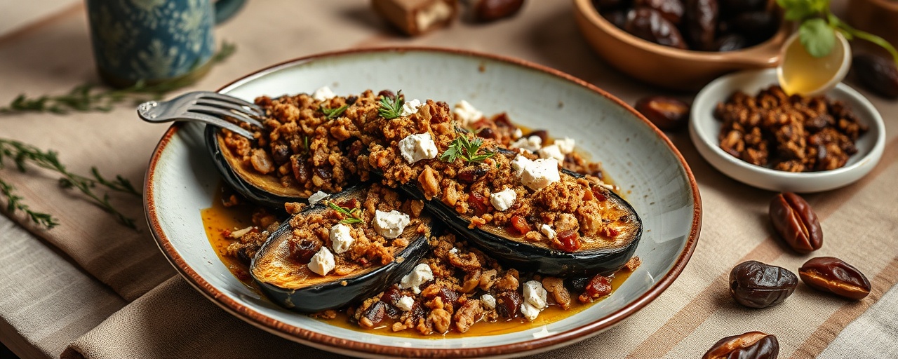 Harissa-Kissed Roasted Eggplant with Date-Walnut Crumble and Feta