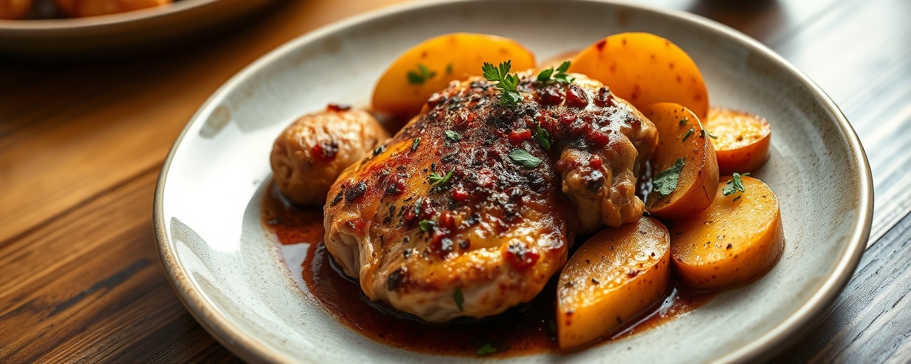 Harissa-Maple Roasted Chicken and Apple with Sweet Potato
