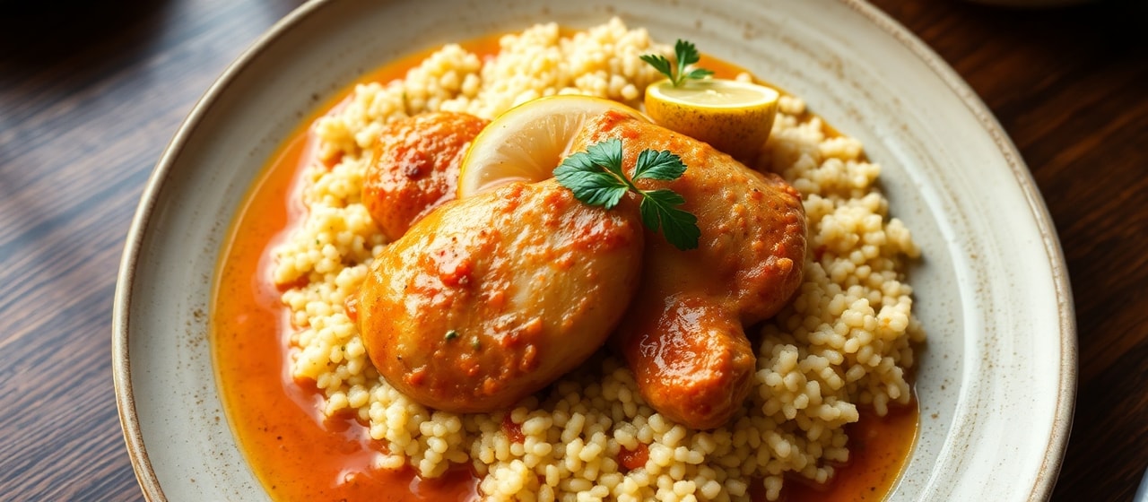 Harissa Poached Chicken with Lemon-Herb Couscous