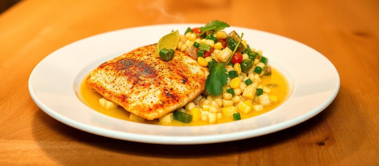 Harissa-Seared Tilapia with Fresh Corn and Poblano Salad