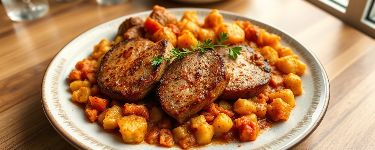 Harissa-Spiced Hungarian Pork Medallions with Paprika Potato Hash