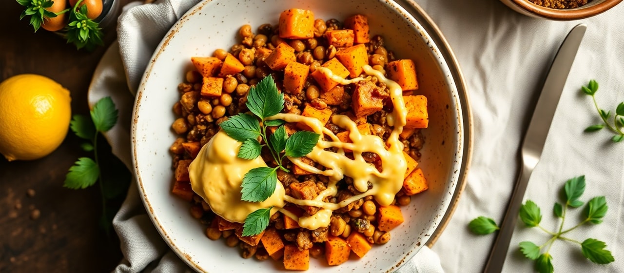 Harissa-Spiced Lentil & Sweet Potato Power Bowl with Lemon-Tahini Drizzle