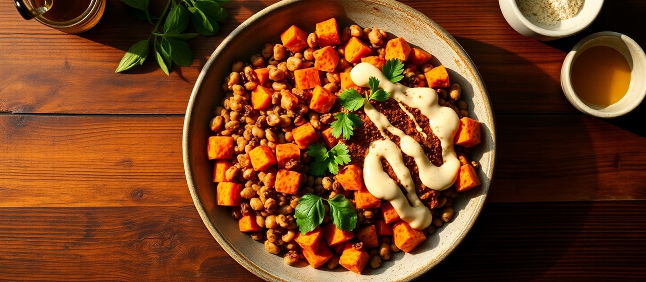 Harissa-Spiced Lentil & Sweet Potato Power Bowl with Lemon-Tahini Drizzle