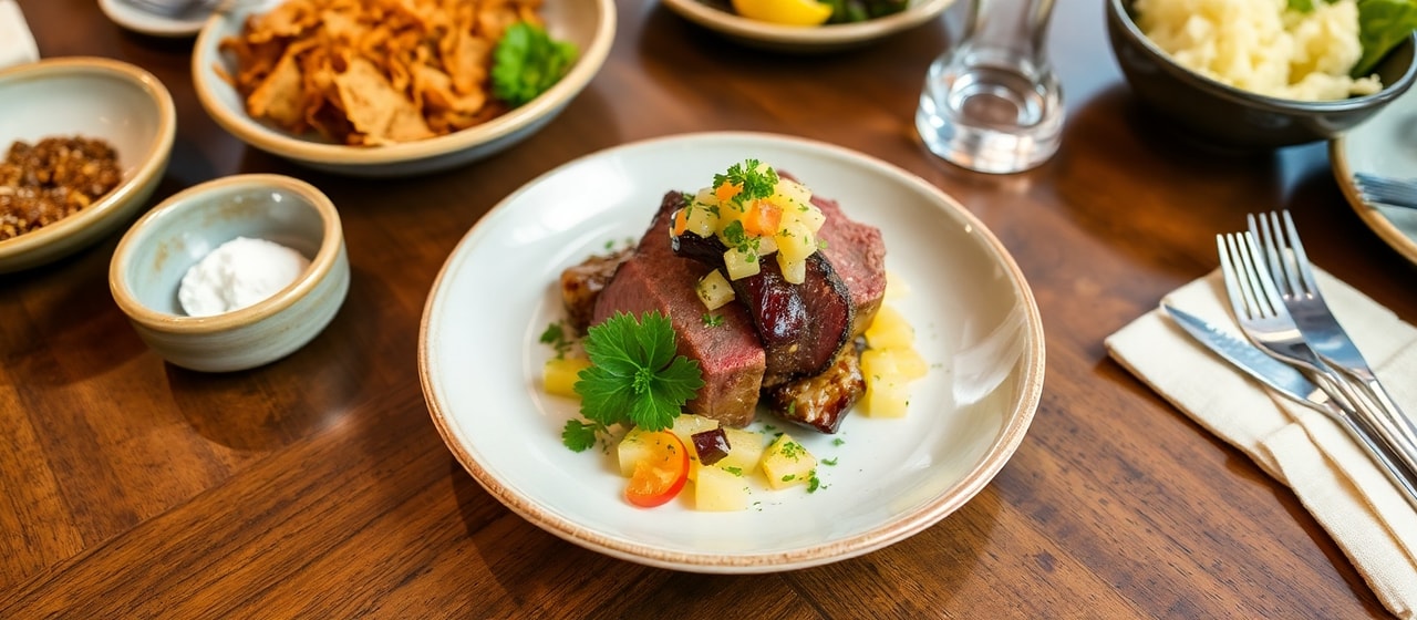 Hawaiian Cured Beef with Huli Huli Eggplant and Pineapple Relish