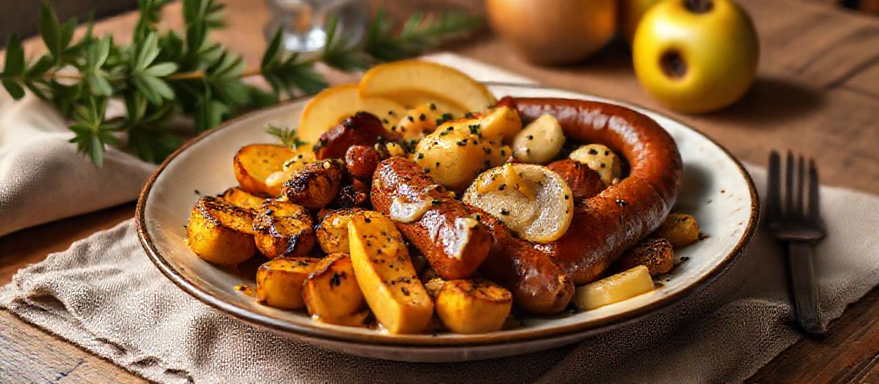 Holzkohle-gegrillte Kochbananen mit Wurst und Apfel-Meerrettich-Senfsauce (Charcoal-grilled Plantains with Sausage and Apple-Horseradish-Mustard Sauce)