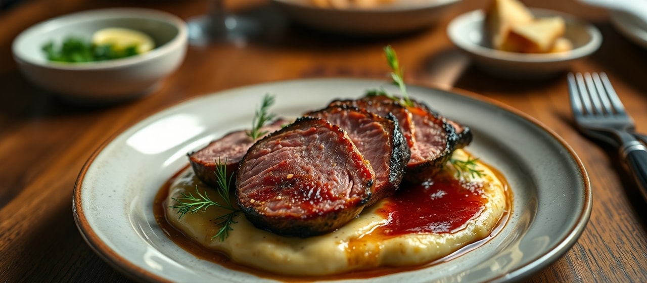 Hot-Smoked Duck Breast with Juniper-Apple Glaze and Creamed Parsnip with Dill