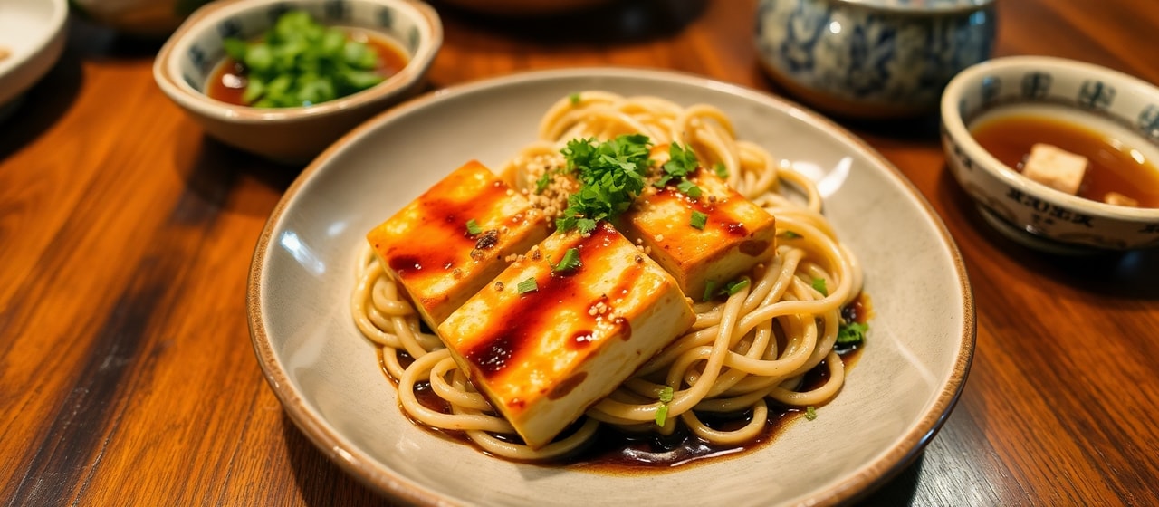 Japanese Aromatic Tofu Steaks with Miso Glaze and Sesame Soba Noodles