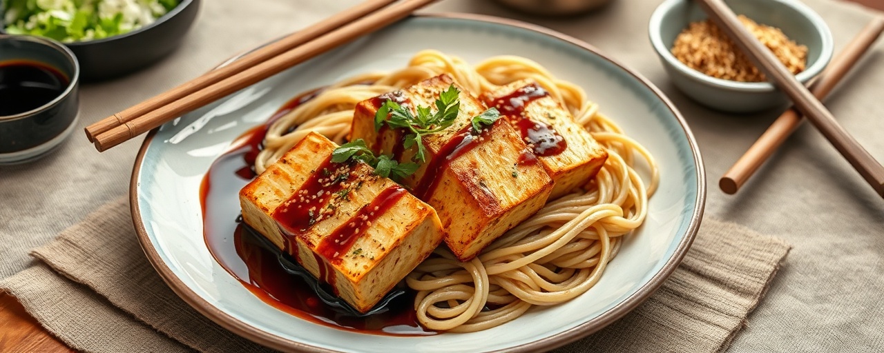 Japanese Aromatic Tofu Steaks with Miso Glaze and Sesame Soba Noodles