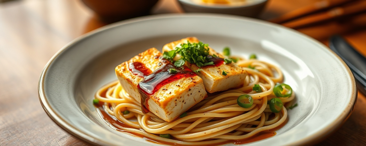 Japanese Aromatic Tofu Steaks with Miso Glaze and Sesame Soba Noodles