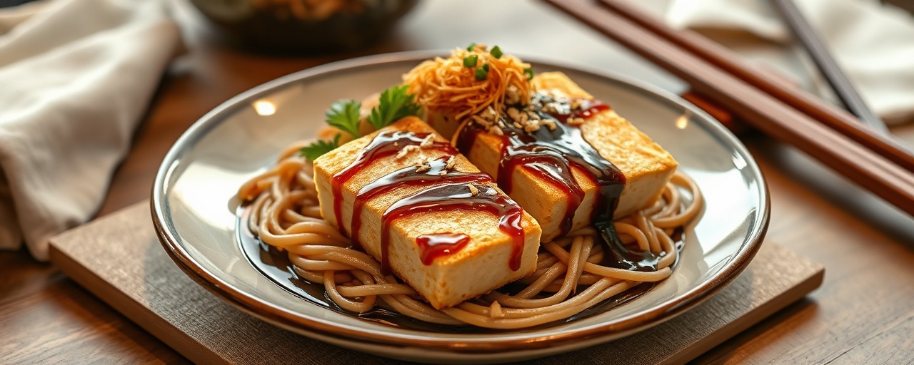 Japanese Aromatic Tofu Steaks with Miso Glaze and Sesame Soba Noodles