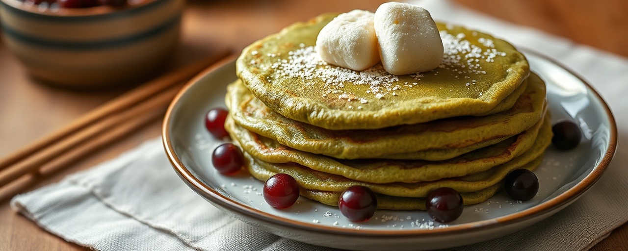 Japanese Matcha Pancakes with Sweet Azuki and Mochi