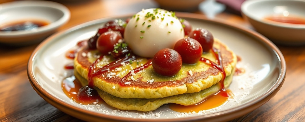 Japanese Matcha Pancakes with Sweet Azuki and Mochi