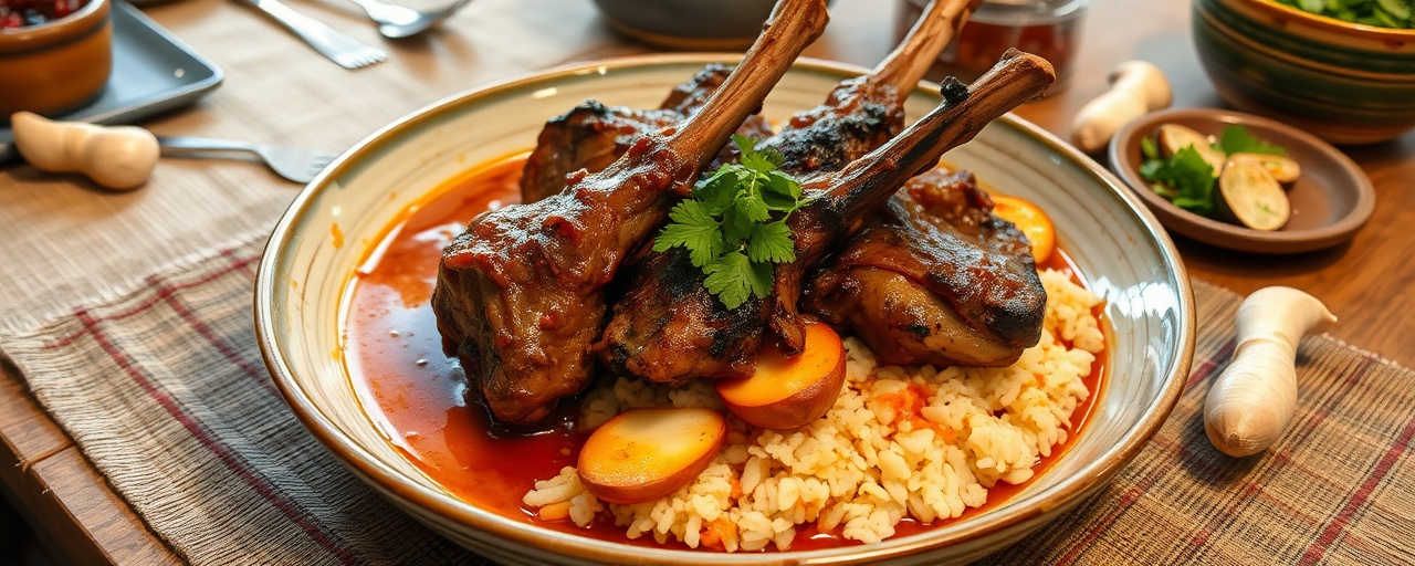Kambing Bakar Berempah dengan Saus Kacang Pedas dan Nasi Kunyit