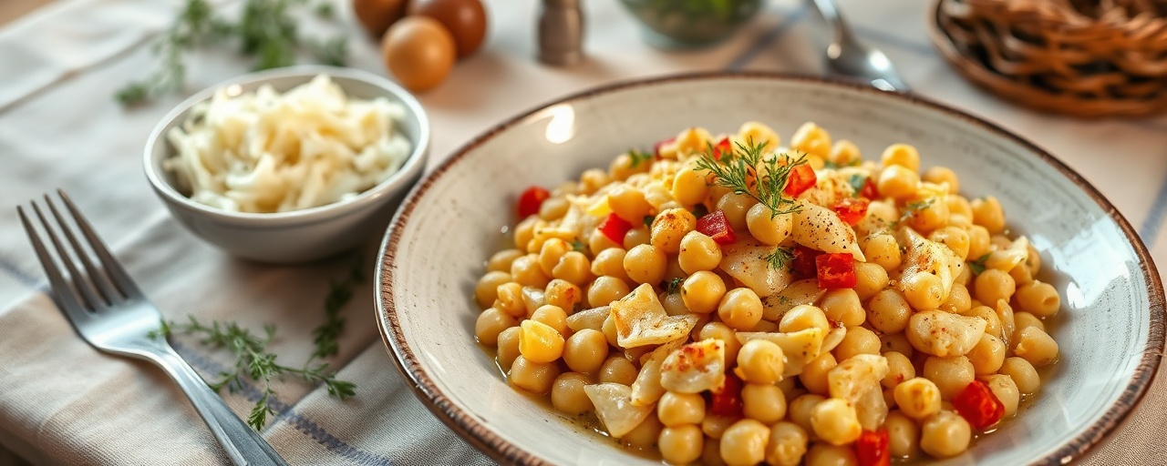 Kichererbsenpfanne mit Dill-Senf-Sauce und Frischkrautsalat