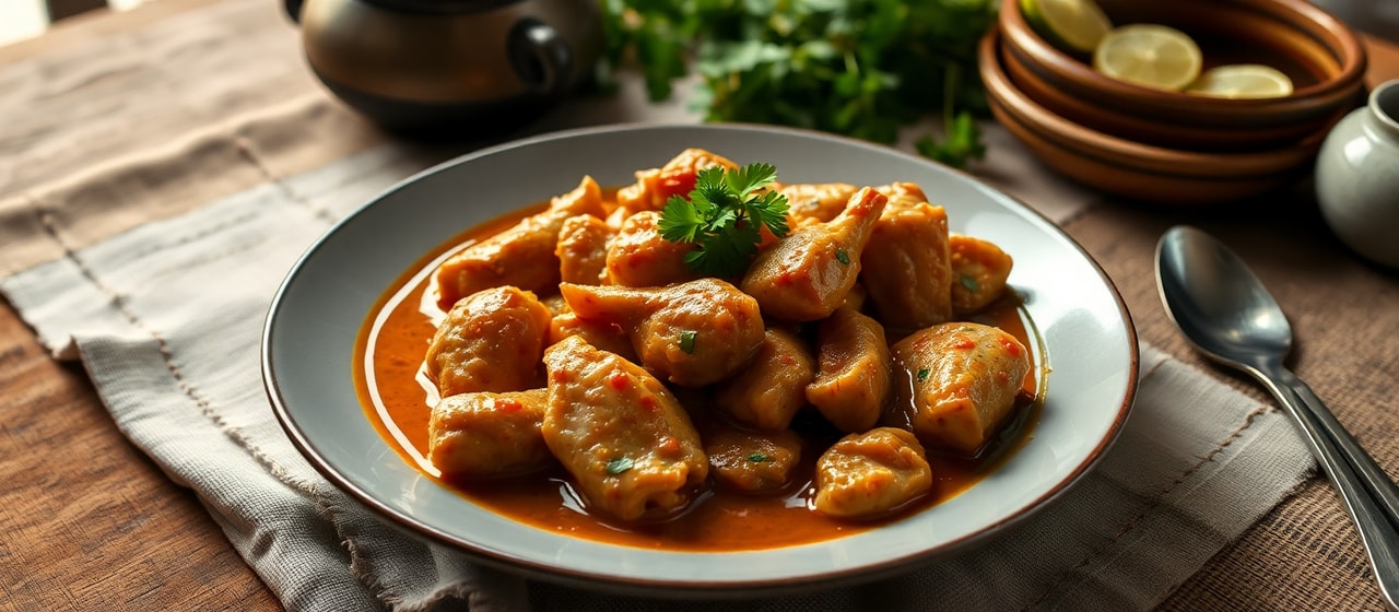 Koh Kon Saik Khtis Sach Moan (Cured Coconut Braised Chicken)