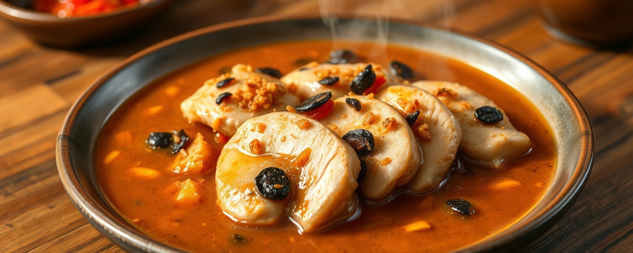 Korean Black Garlic Poached Chicken with Kimchi Broth