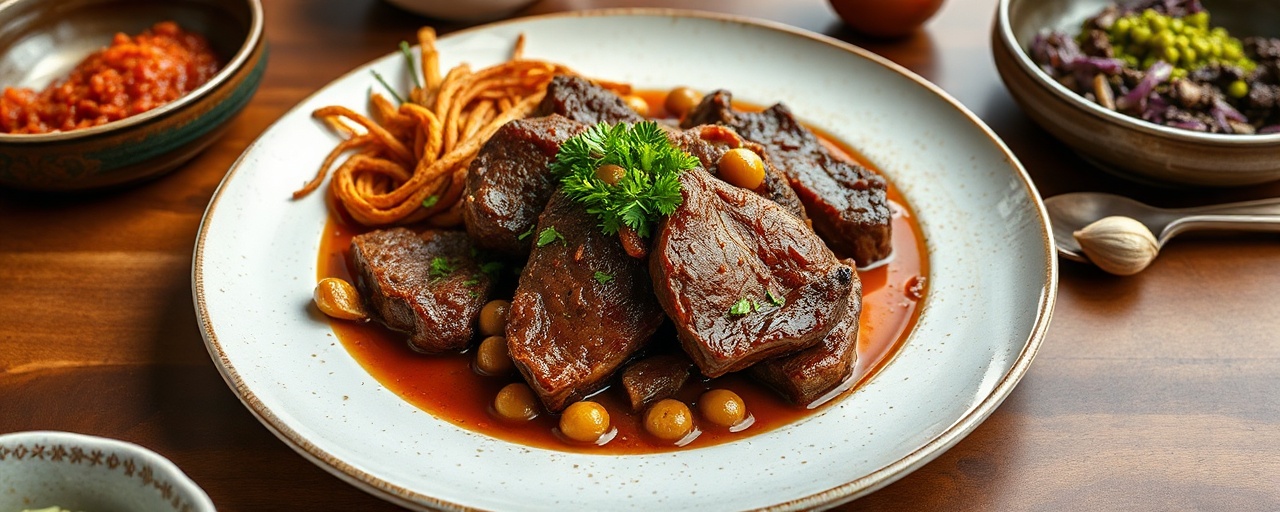 Korean Braised Short Ribs with Savory Mince and Chickpea Jus