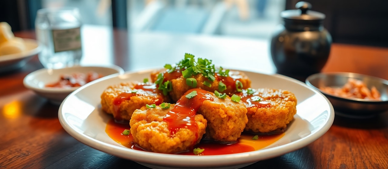 Korean Deep-Fried Sweet Potato Fritters with Spicy Honey Glaze