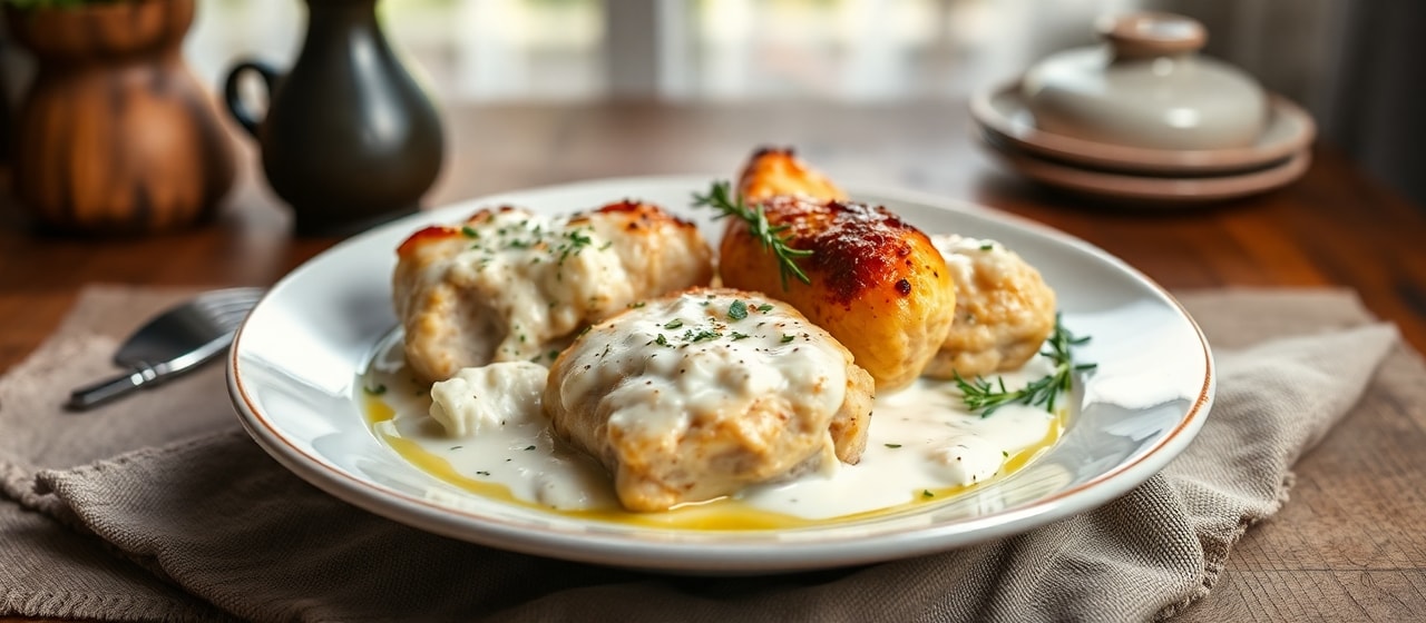 Kotopoulo Kritiko me Kremati Skorda kai Gala Karidas, Psito Se Ypsili Thermokrasía (Cretan Chicken with Creamy Garlic and Coconut Milk, Baked at High Heat)