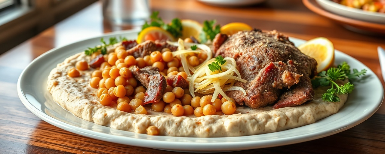 Lahm bil Galangal wal Hummus