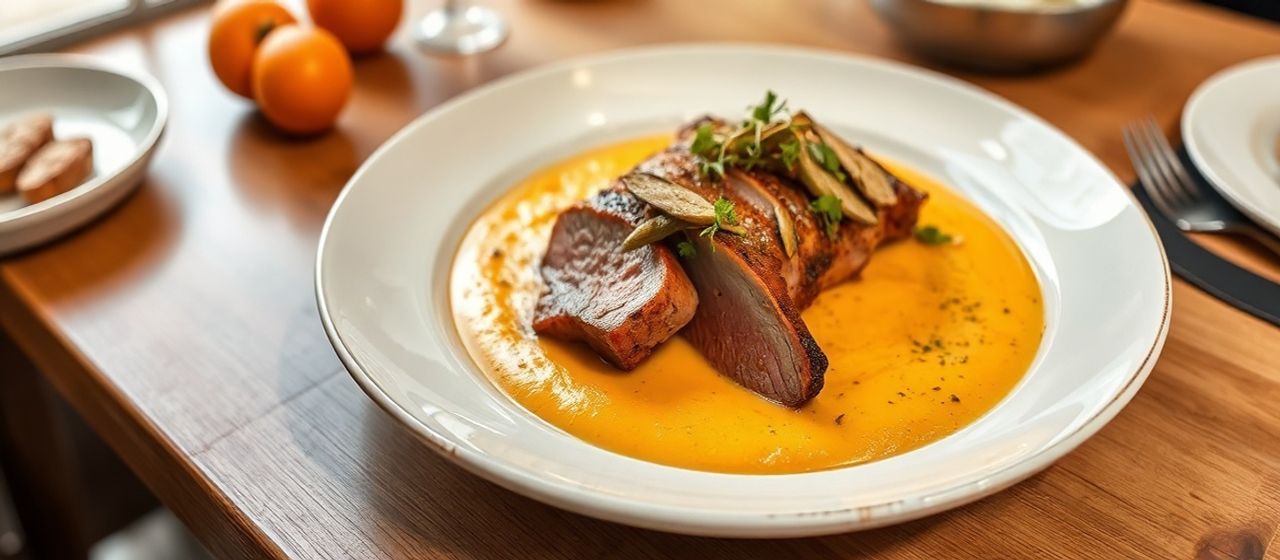 Lombo de Porco Ibérico Sous-Vide com Puré de Batata Doce e Redução de Galangal e Laranja