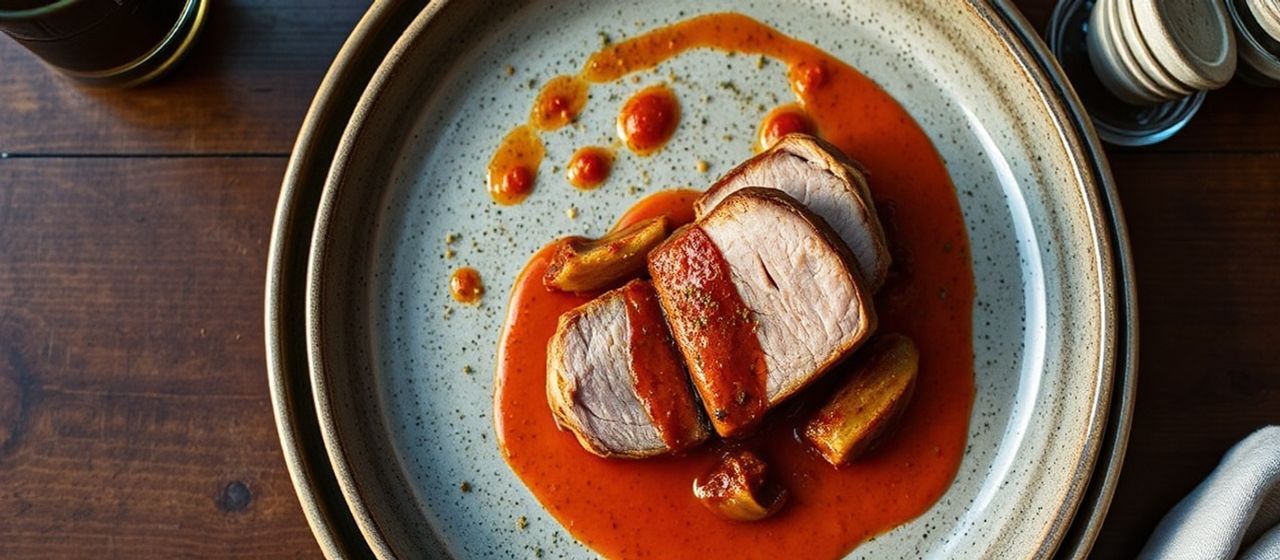 Lombo de Porco Sous-Vide com Harissa e Molho de Ameixa