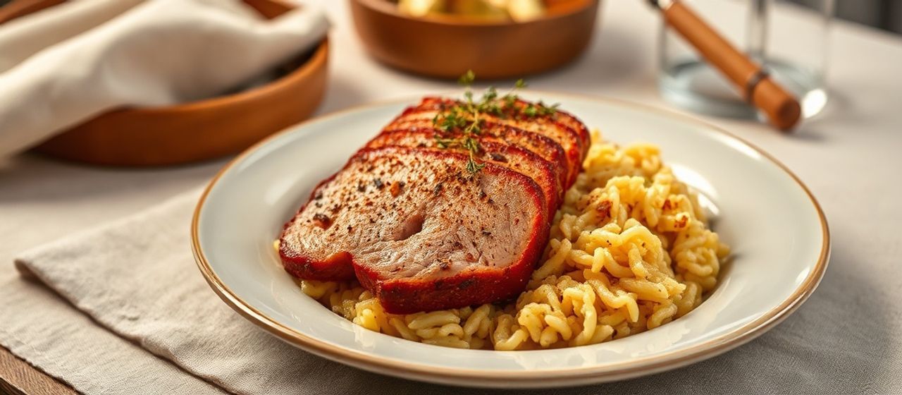 Lomo de Cerdo Ahumado con Plátano y Arroz con Azafrán