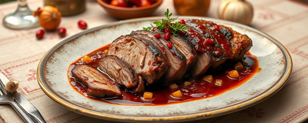 Lomo de Cerdo Asado con Glaseado de Granada y Ají Ahumado