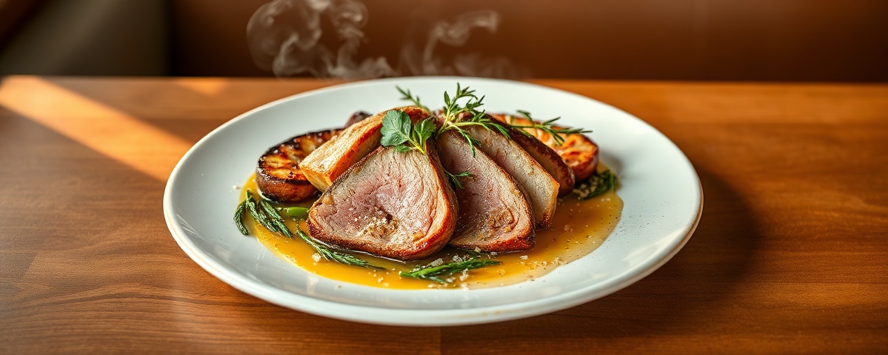 Magret de Canard Rôti au Feu, Herbes de Provence et Vinaigrette Crémeuse au Tahini