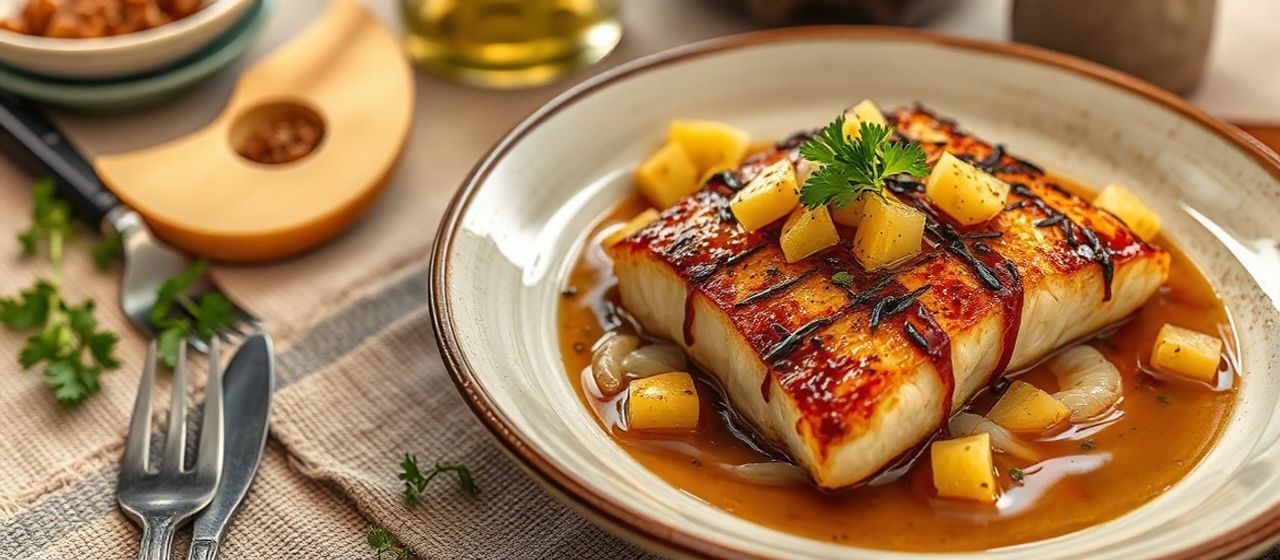 Mahi-Mahi Lauhala Steam with Black Garlic-Pineapple Glaze