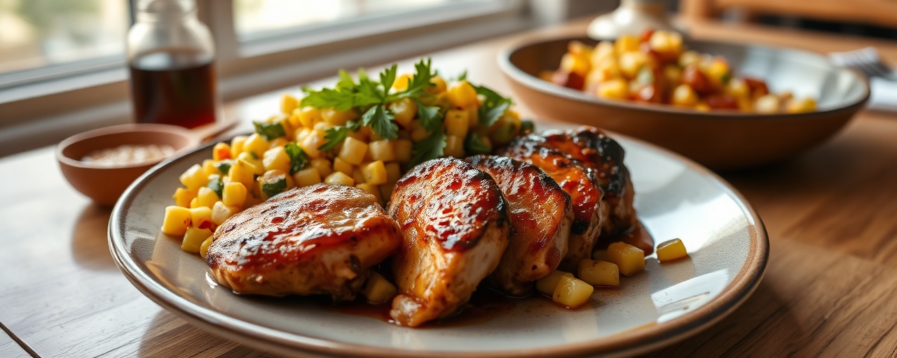 Maple-Bourbon Glazed Charcoal-Grilled Chicken and Tofu with Corn Salsa