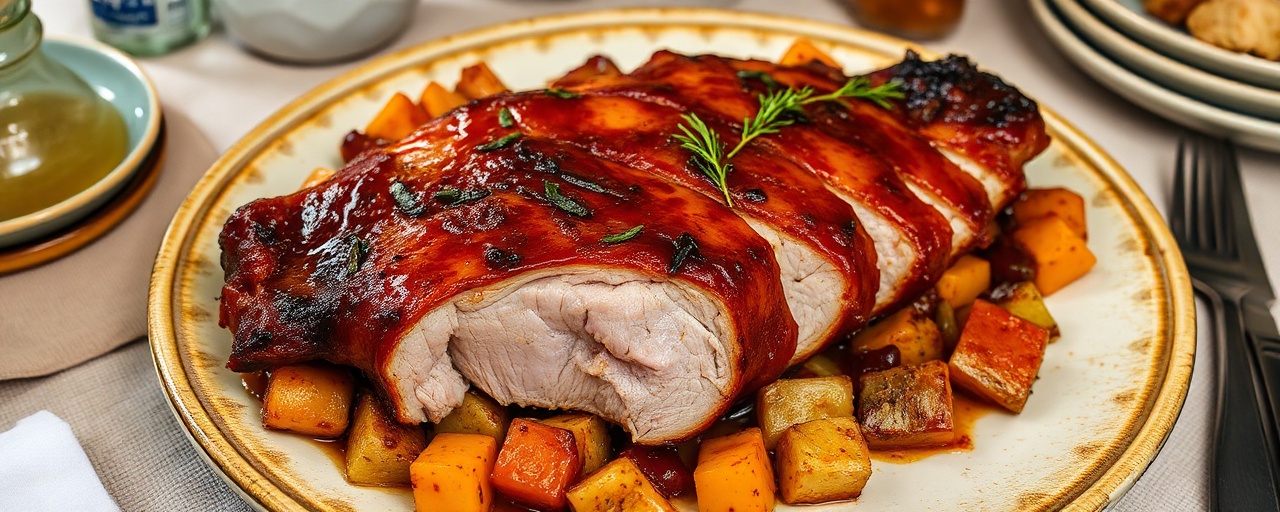 Maple Glazed Roasted Pork Belly with Root Vegetable Hash