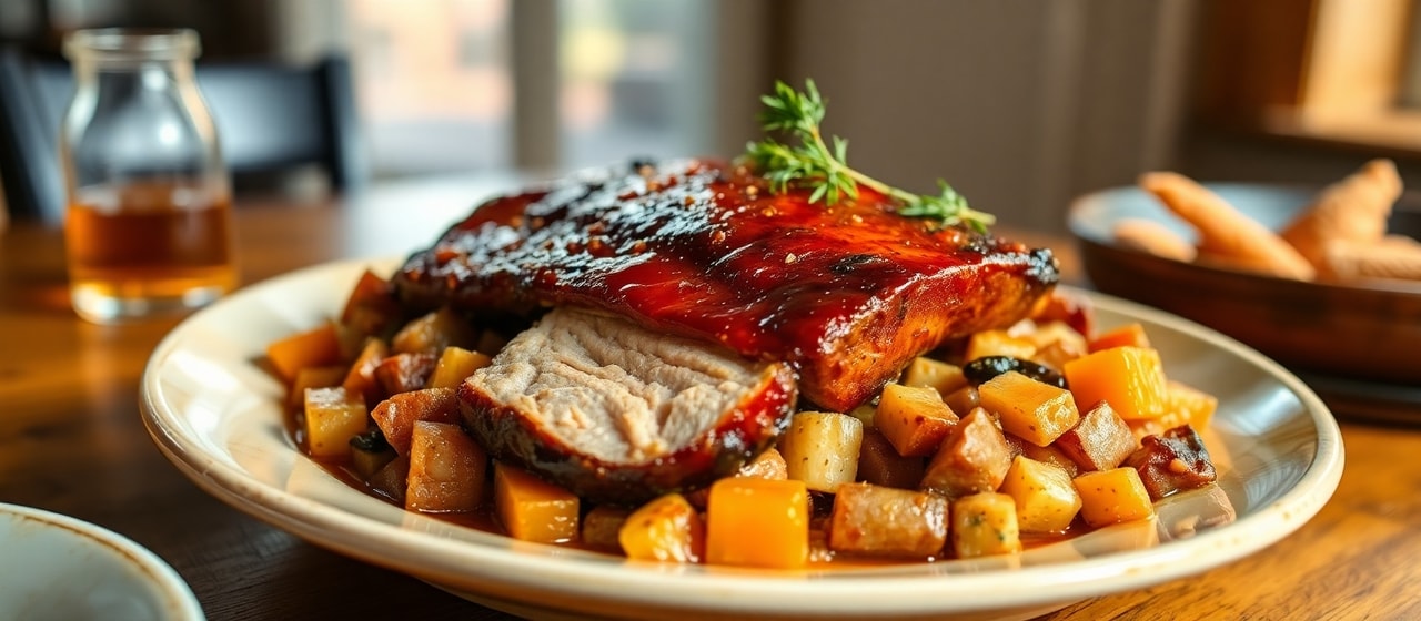 Maple Glazed Roasted Pork Belly with Root Vegetable Hash