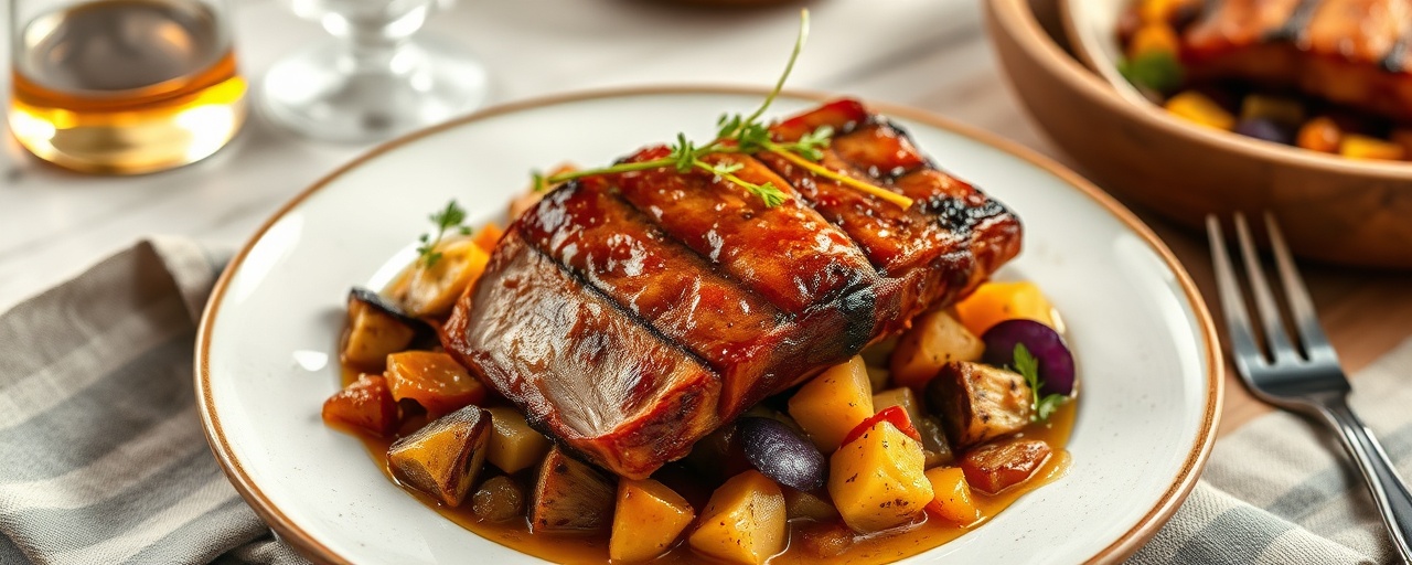 Maple Glazed Roasted Pork Belly with Root Vegetable Hash