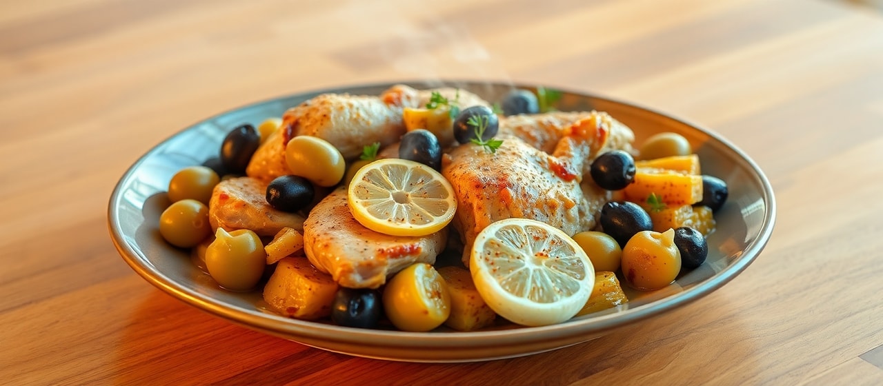 Marinated Preserved Lemon Chicken with Olives and Root Vegetables