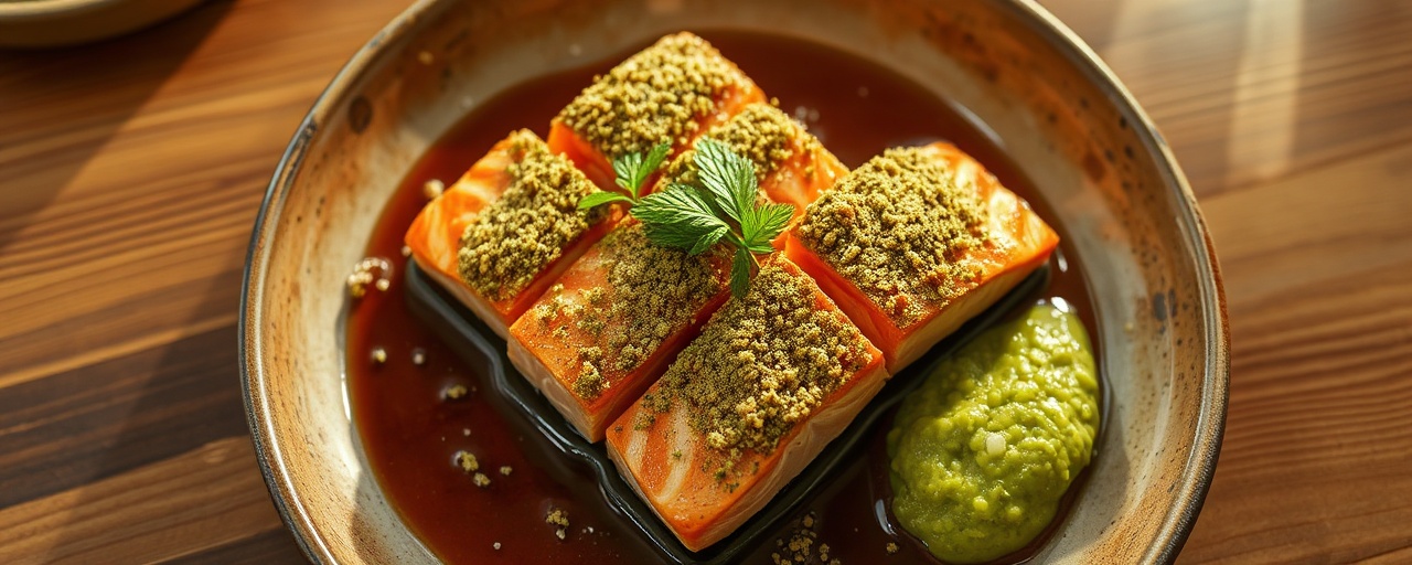 Matcha-Crusted Salmon with Yuzu Glaze and Edamame Puree