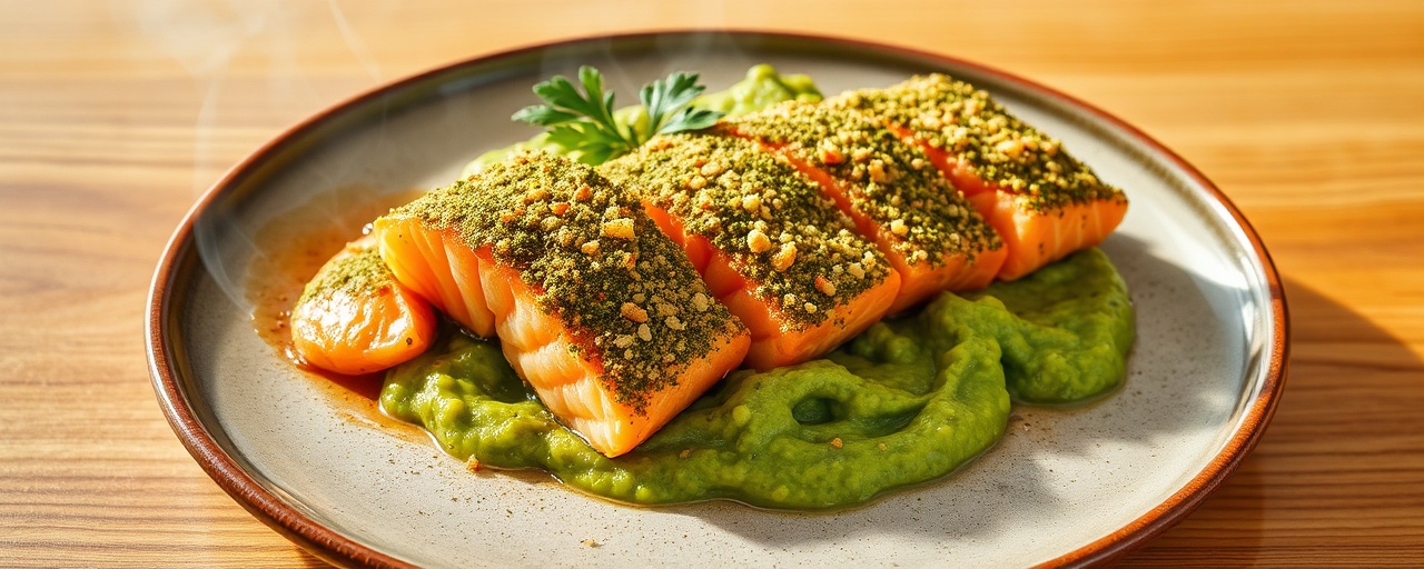 Matcha-Crusted Salmon with Yuzu Glaze and Edamame Puree