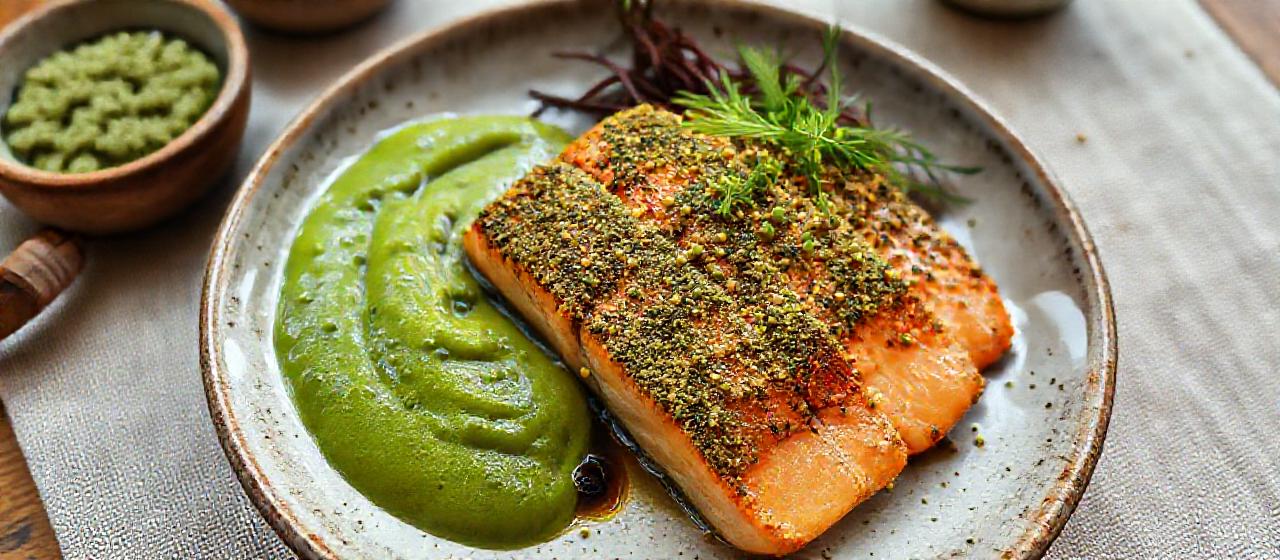 Matcha-Crusted Salmon with Yuzu Glaze and Edamame Puree