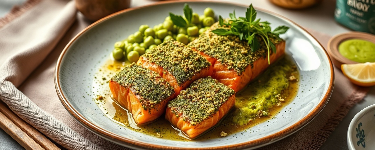 Matcha-Crusted Salmon with Yuzu Glaze and Edamame Puree