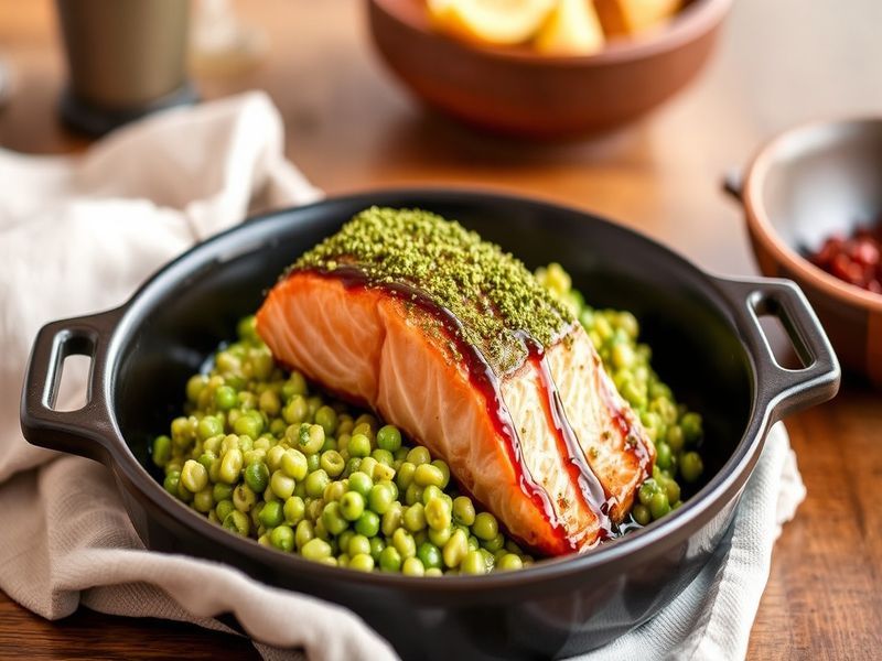 Matcha-Crusted Salmon with Yuzu-Soy Glaze and Edamame Risotto